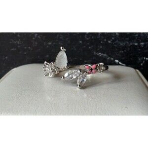 Rhinestone & Pink Enamel Butterfly Silver Tone Metal Adjustable Ring Size 6.25